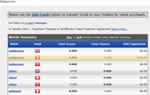 Goldmoney showing the money held as gold in the account